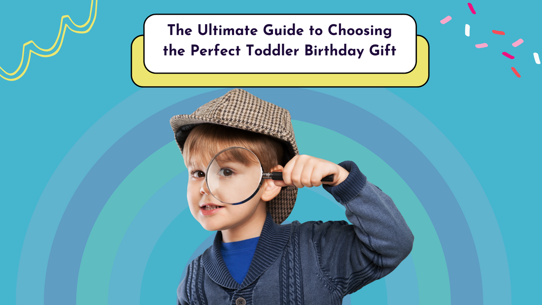 Colorful and fun toddler birthday gifts including educational toys, sensory play items, and creative kits displayed on a wooden table