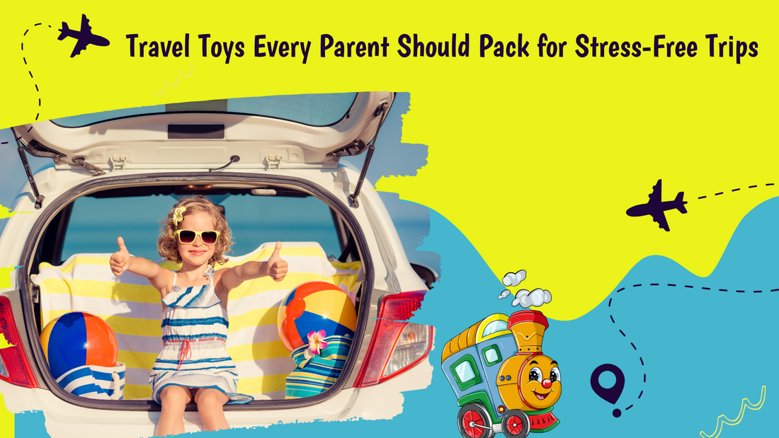 Top travel toys for kids displayed on a suitcase, ideal for stress-free family trips, featuring compact and engaging options for toddlers and children.