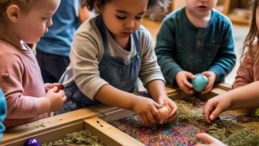 Child exploring sensory toys, including colored rice and wooden tools, highlighting the benefits of sensory play in early childhood development in India