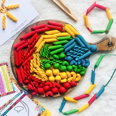 Sensory Pasta Pretend Play Set with Wooden Tongs | 4 colors | 4 patterns | DIY