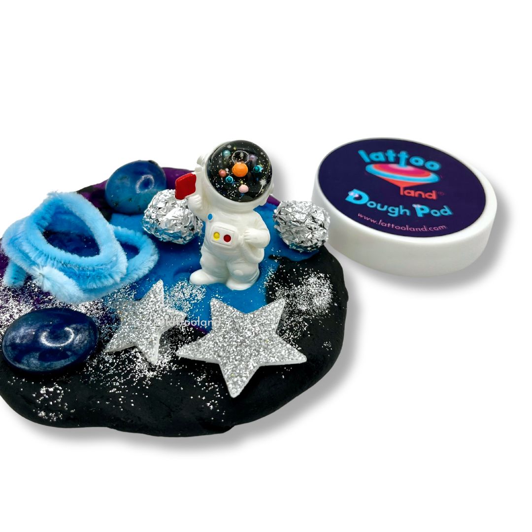 Space Dough Pods featuring an Astronaut Dough Jar, designed for space-themed play for kids, encouraging imaginative exploration and sensory activities through colorful dough and space-related fun.