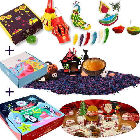 Diwali and Halloween combo kit for kids aged 2-8, featuring festive activities for a spooky and sparkly adventure.