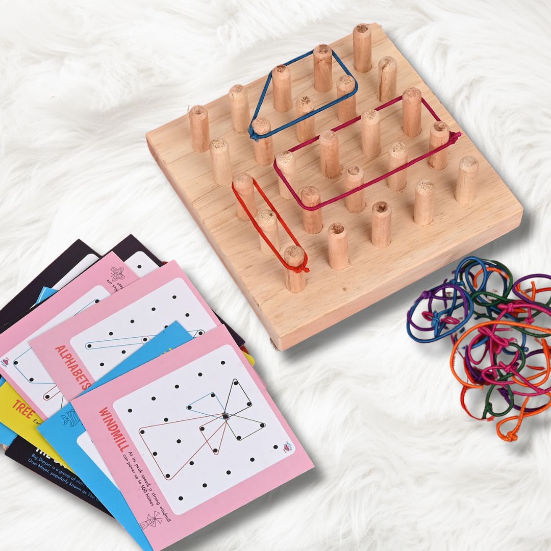 Geoboard Educational Toy with colorful elastic bands and pegs, perfect for hands-on learning, enhancing fine motor skills, and encouraging creativity in kids. Ideal for teaching shapes, patterns, and spatial awareness.