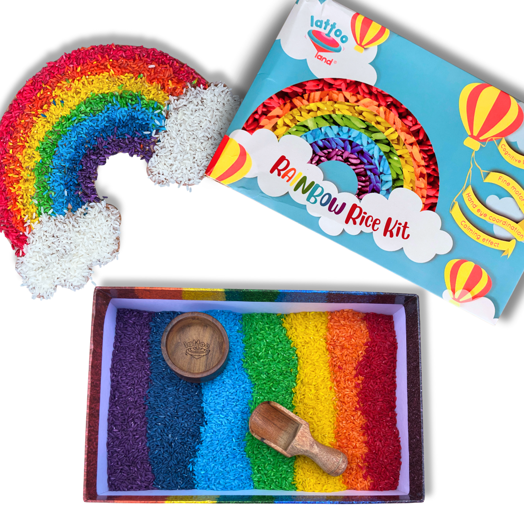 Rainbow colored rice for learning with fun, wooden bowl, wooden scoop for children and DIY activity for kids