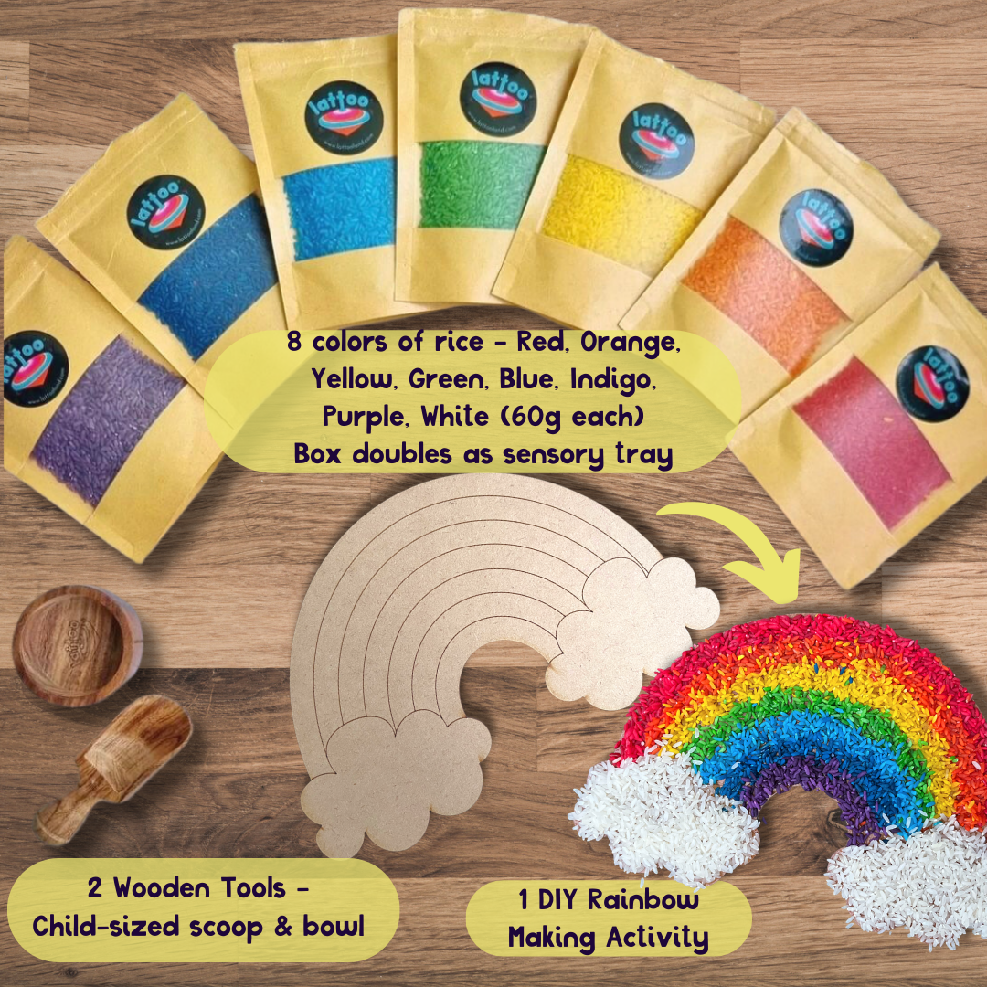 Rainbow rice kit for kids, a sensory play tool that boosts creativity, learning, and fine motor development.Sensory Rainbow Rice Toy for Kids - autistm, occupational therapy