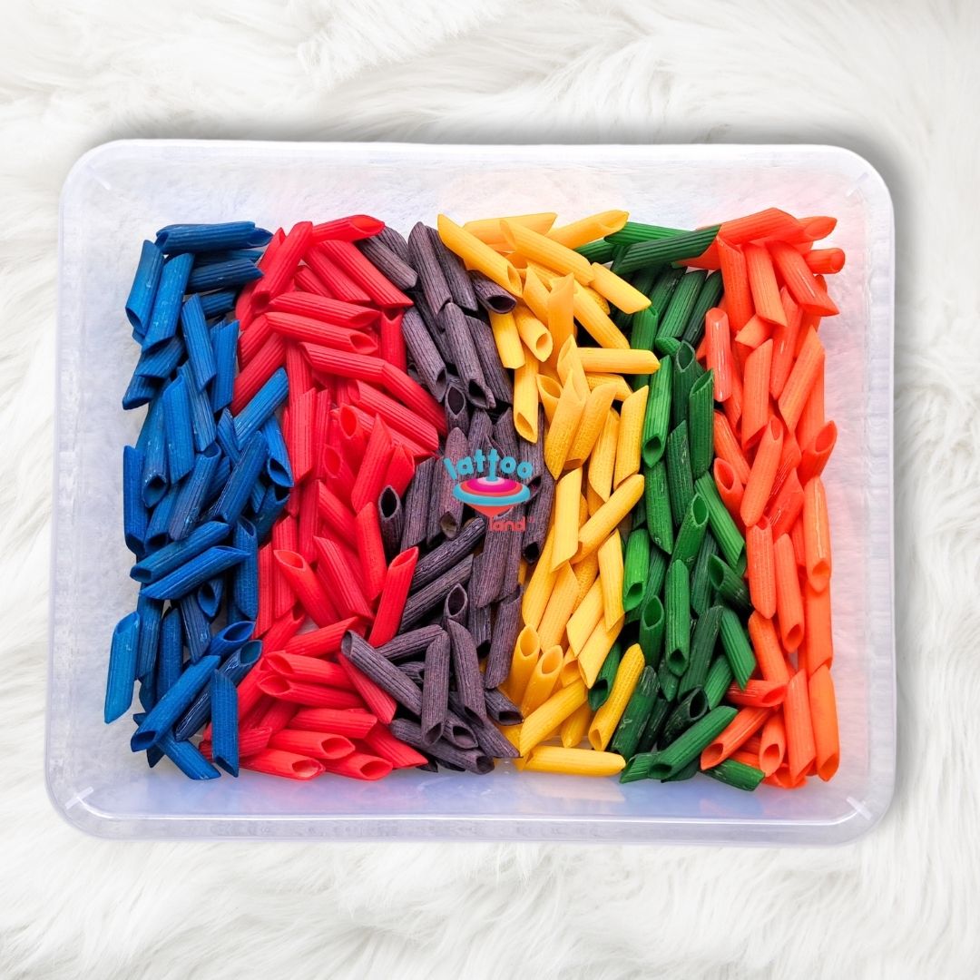 Rainbow Sensory Pasta in vibrant colors, perfect for sensory play and hands-on activities for toddlers and kids. Ideal for sensory bins, tactile exploration, and creative learning experiences.