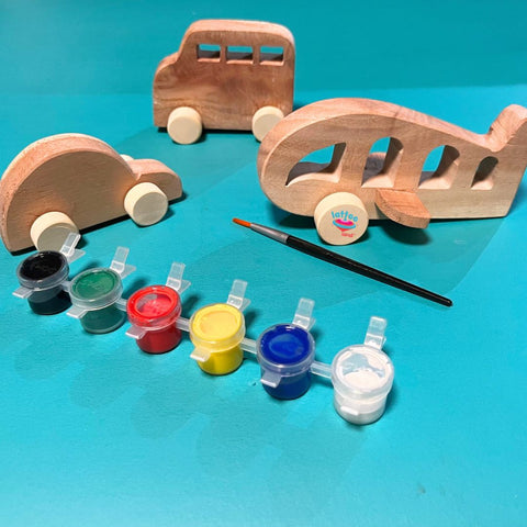 Lattooland Paint & Play Vehicle Set – DIY paintable car, bus, and airplane toys for kids to personalize and boost creativity