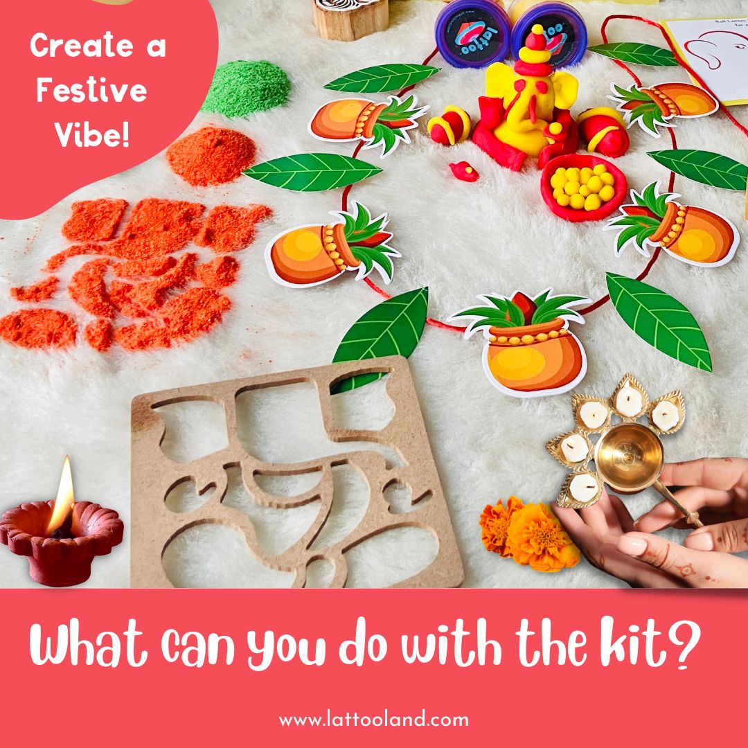 DIY Ganesha decoration kit for kids with materials to make personalized Ganesha idols.