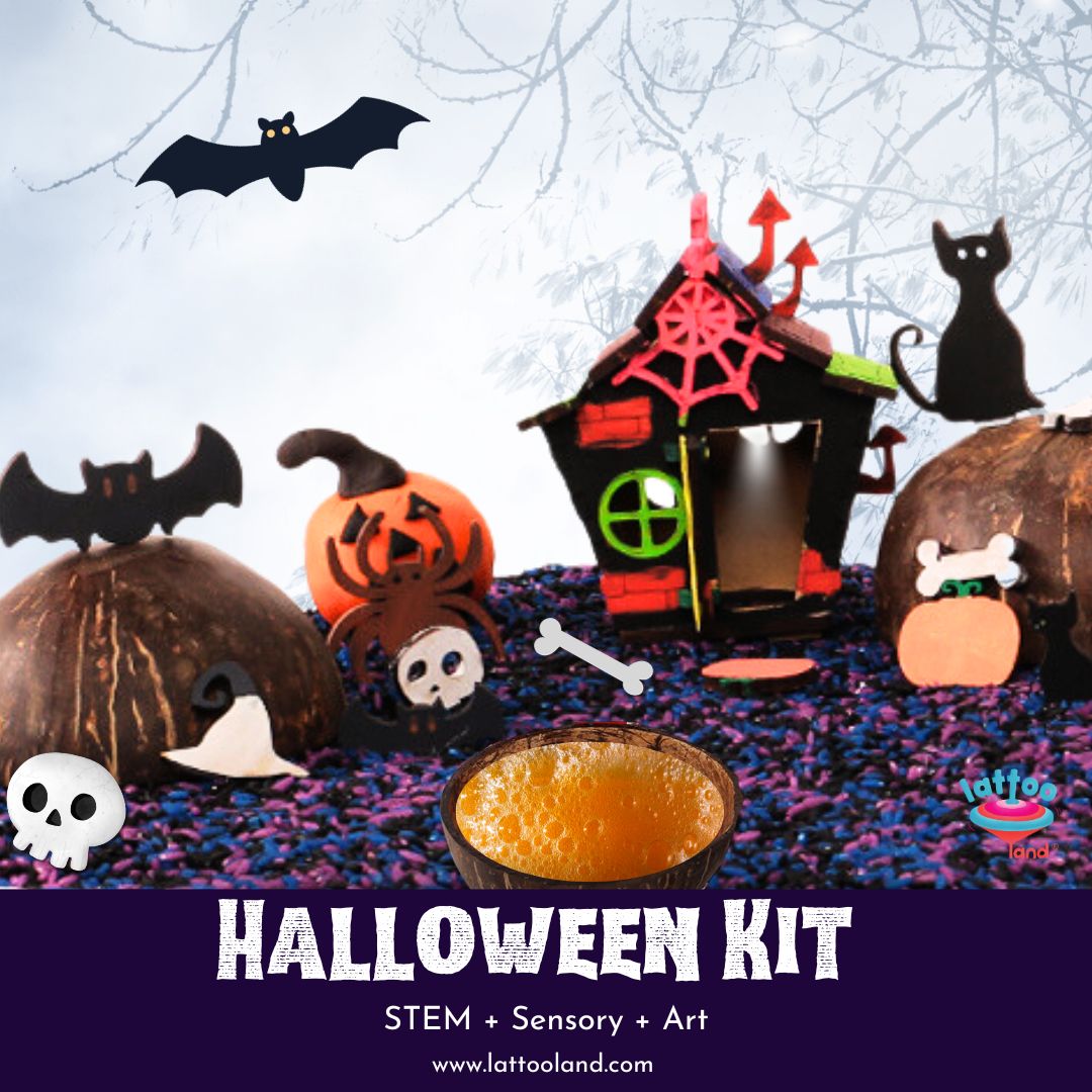 Halloween Kit featuring a variety of festive items like decorations, crafts, and fun accessories for kids. Perfect for creative Halloween celebrations, costume parties, and spooky activities.