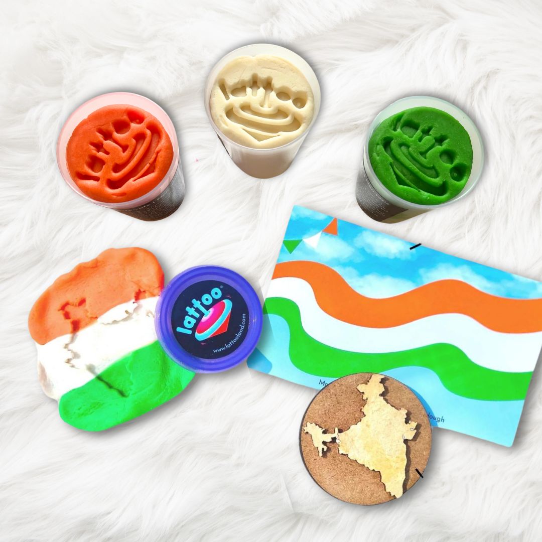 Tricolor Clay Dough with India Stamp, featuring vibrant dough in the colors of the Indian flag, designed for themed play that encourages creativity and cultural exploration in children