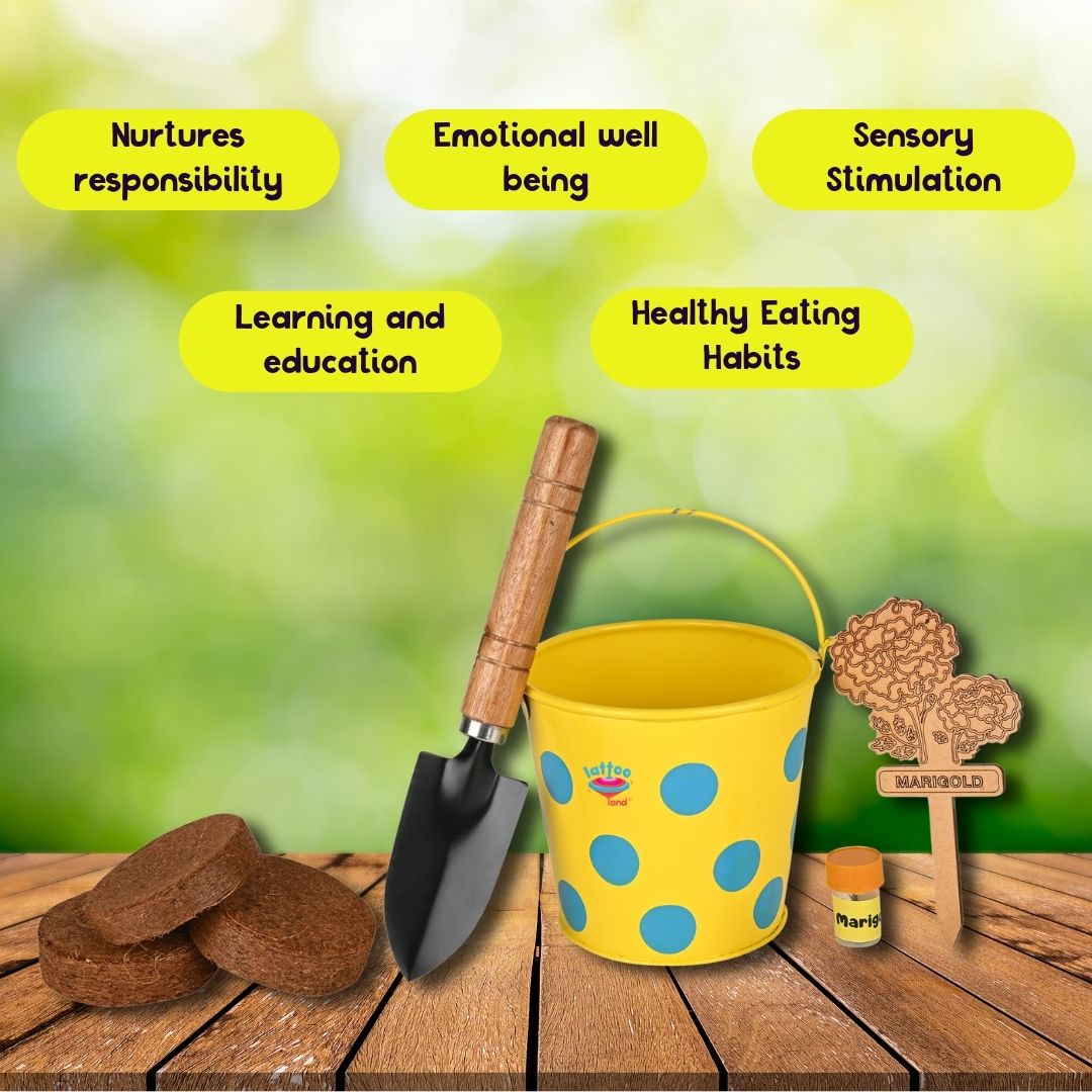 Eco-friendly mini gardening kit for kids, complete with sustainable tools and plant accessories. Eco-friendly birthday return gift for children 3 year old, 4 year old, 5 year old