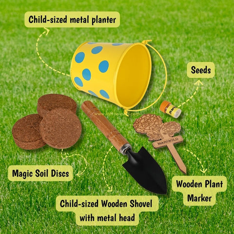 Children enjoying hands-on gardening activities with a mini gardening kit, learning about plants. Outdoor garden toy set for kids birthday gift 