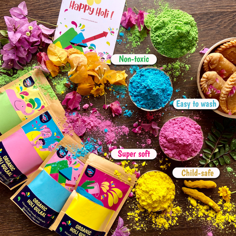 Organic Holi gulal pack with multiple vibrant colors for a joyful and safe festival.