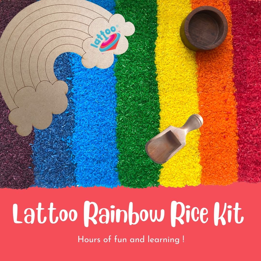 Rainbow colored rice for learning with fun, wooden bowl, wooden scoop for children and DIY activity for kids