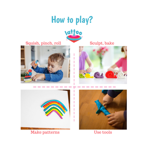 The best play dough kit for kids, including organic, toxin-free dough and tools for creative activities. How to play with play dough? Squish, Scult, Bake, make patterns, roll, pinch the sensory Lattoo Dough