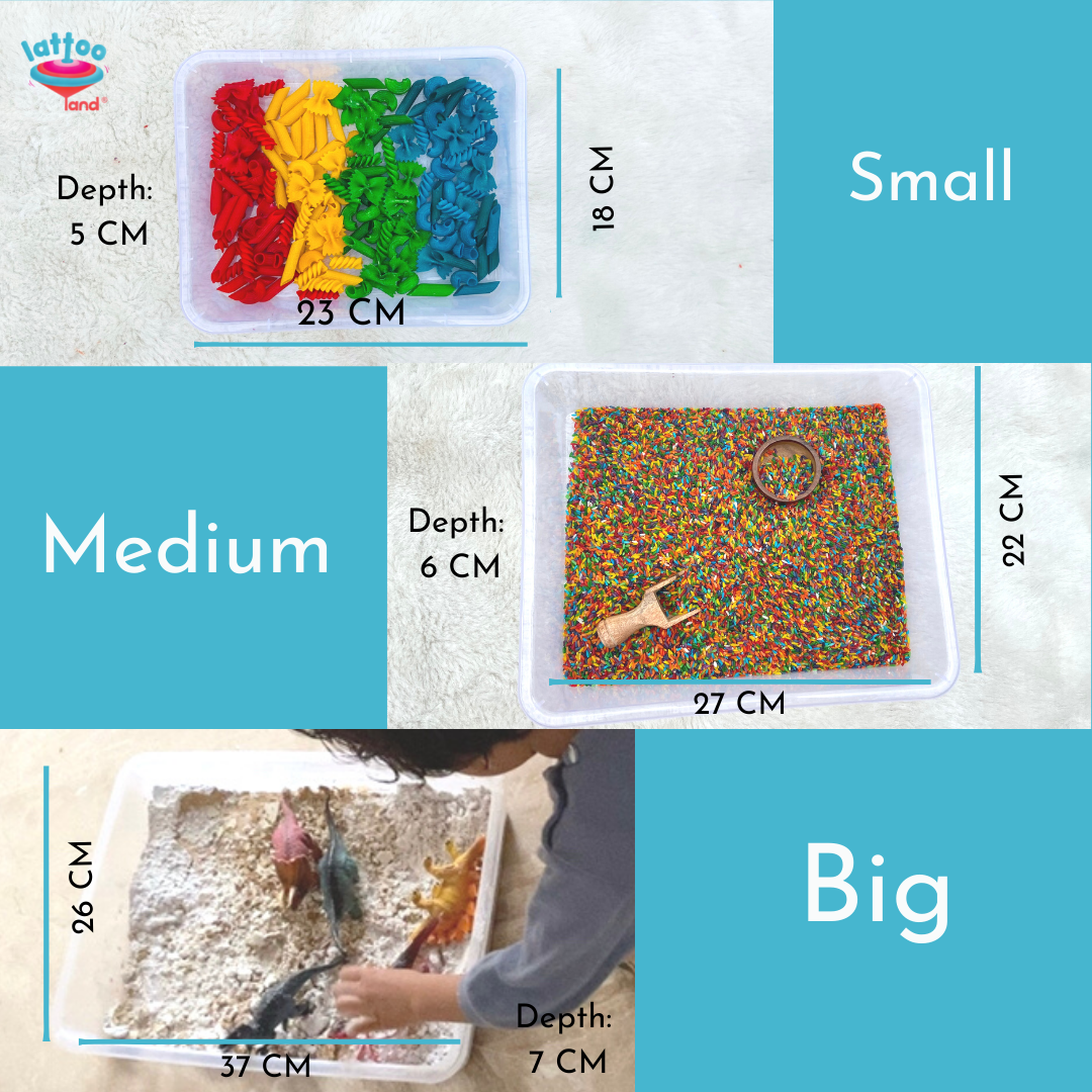 Clear sensory tray for toddlers, designed for mess-free sensory play and developmental activities. Small Size Sensory Bin (18*12cm), Medium sized (22*27cm) & Large Sized (26*37cm)