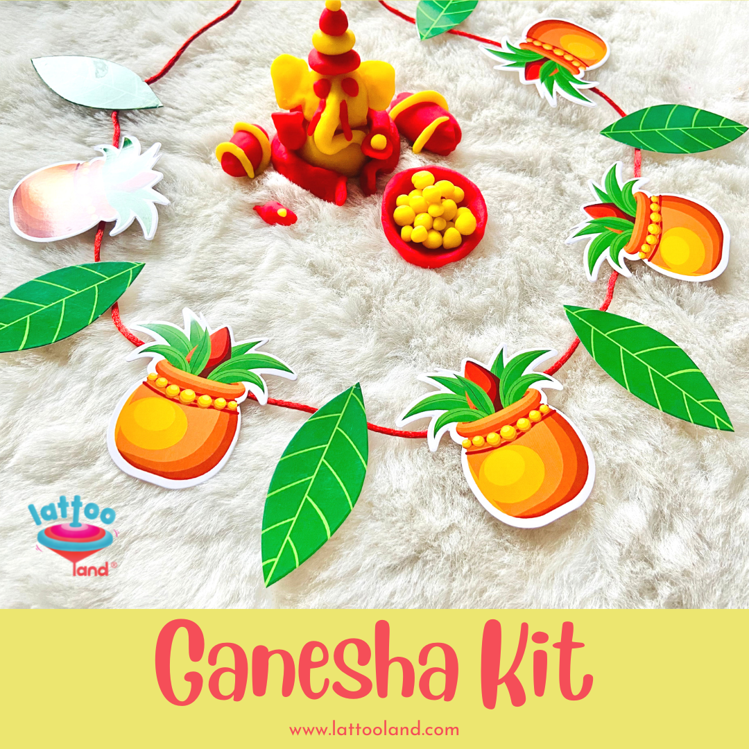  Creative Ganesha craft kit for kids, offering an artistic and spiritual experience. Ecofriendly Lattoo's Clay dough Ganesha, ladoo and thoran