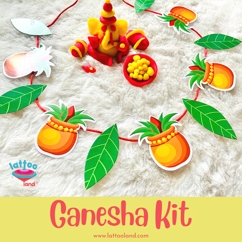  Creative Ganesha craft kit for kids, offering an artistic and spiritual experience. Ecofriendly Lattoo's Clay dough Ganesha, ladoo and thoran