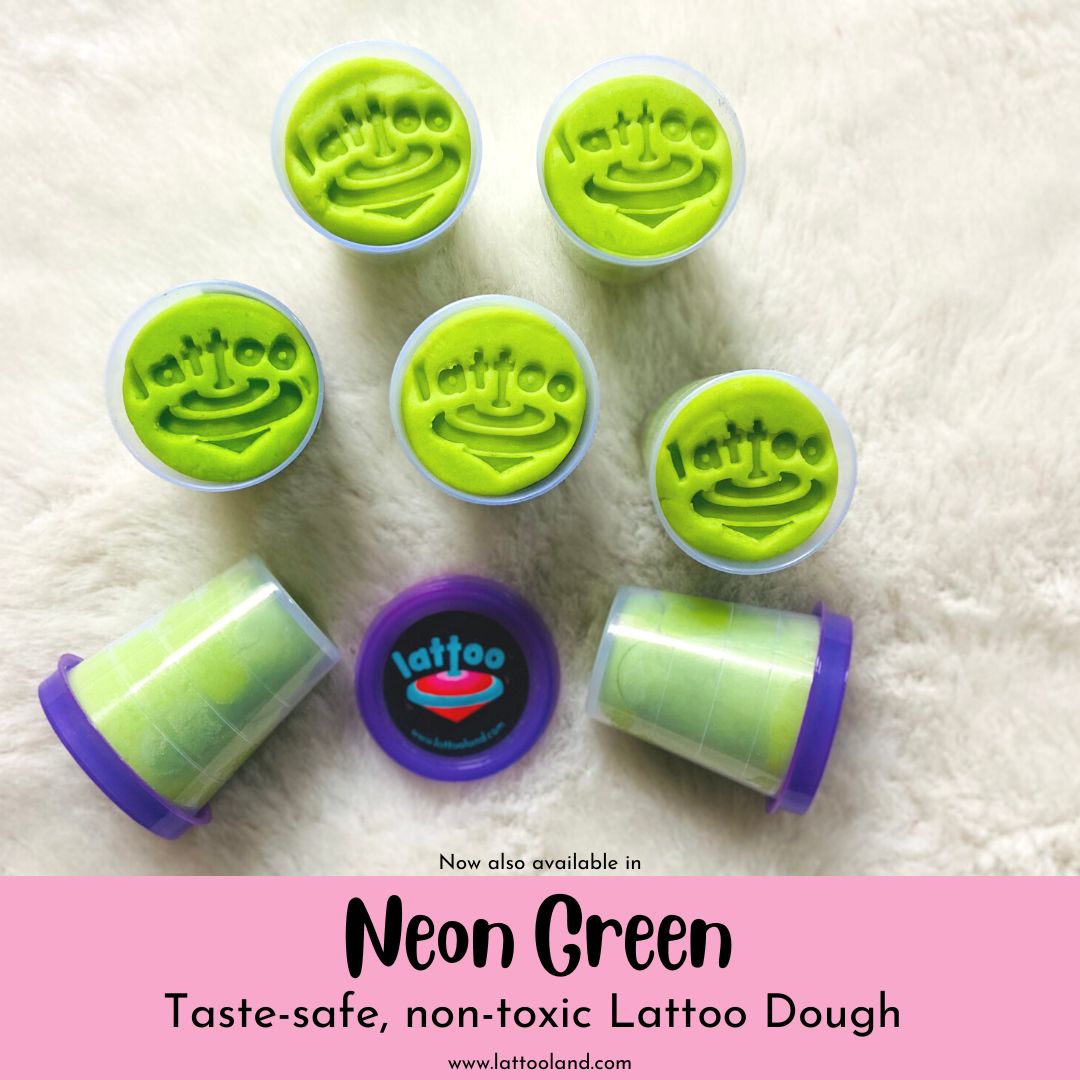 .Organic Clay Dough for Kids, a non-toxic and child-safe play material designed for creative and sensory activities, promoting imaginative play and safe exploration. Neon Green colored playing dough