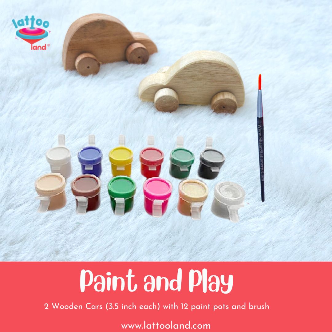 Wooden Toy Cars with 12 coloured paints and brush.Paint Play Car, Bus, and Aeroplane Toy set, featuring wooden vehicles ready for painting and creative decoration. Ideal for kids to explore their artistic skills while engaging in imaginative play.